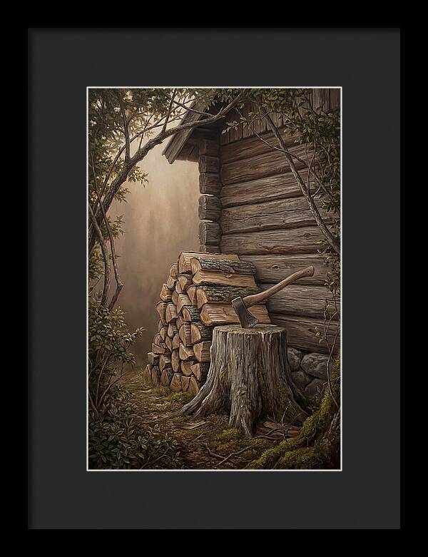 Woodpile With Axe At Cabin Side