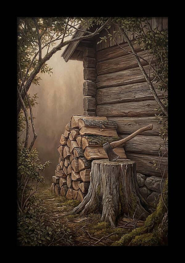 Woodpile With Axe At Cabin Side
