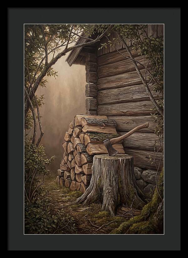 Woodpile With Axe At Cabin Side