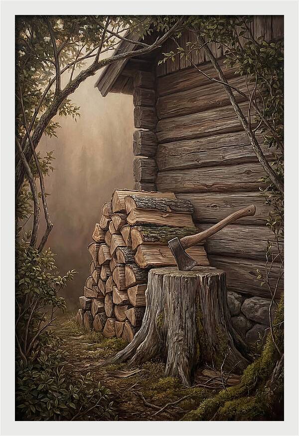 Woodpile With Axe At Cabin Side