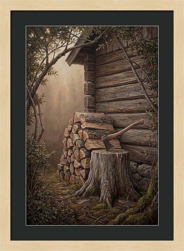 Woodpile With Axe At Cabin Side