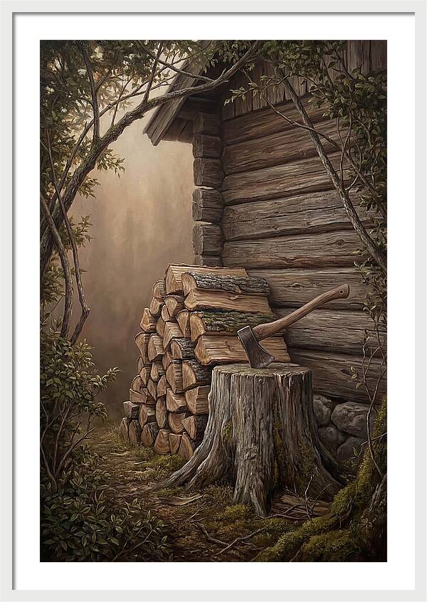 Woodpile With Axe At Cabin Side
