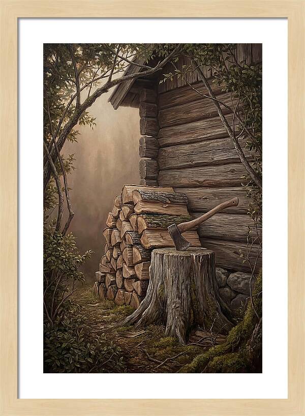 Woodpile With Axe At Cabin Side