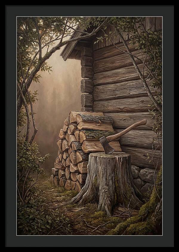 Woodpile With Axe At Cabin Side