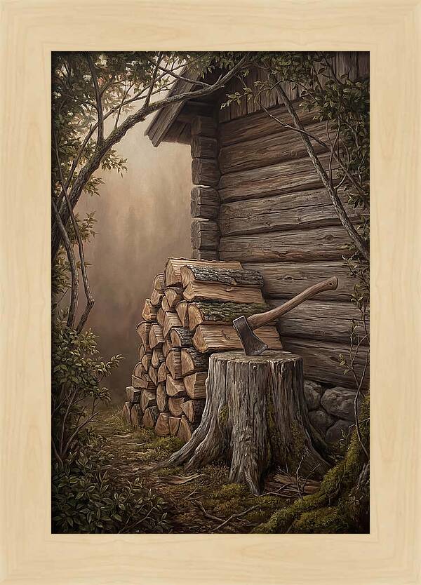 Woodpile With Axe At Cabin Side