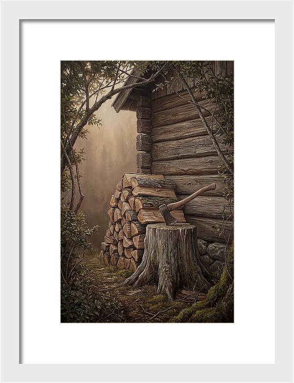Woodpile With Axe At Cabin Side