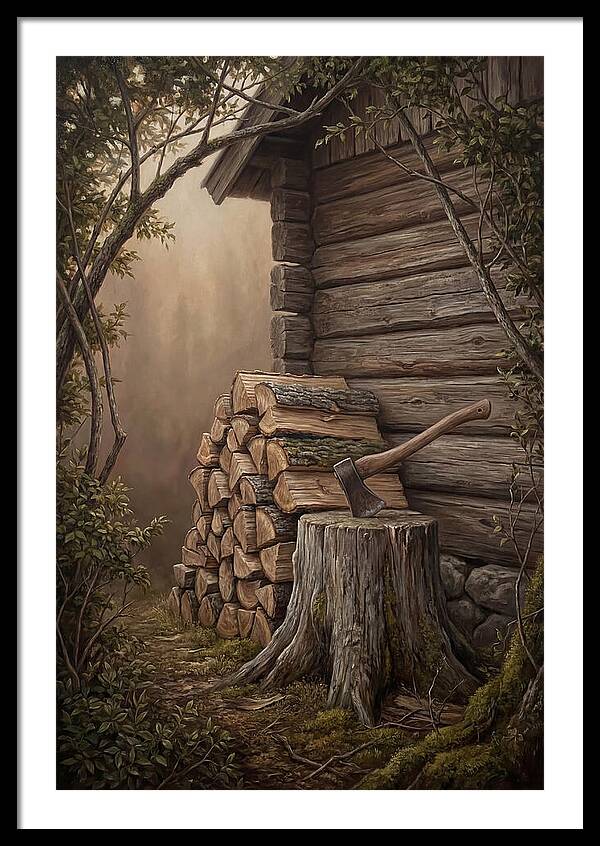 Woodpile With Axe At Cabin Side