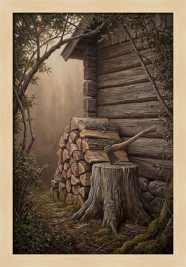 Woodpile With Axe At Cabin Side
