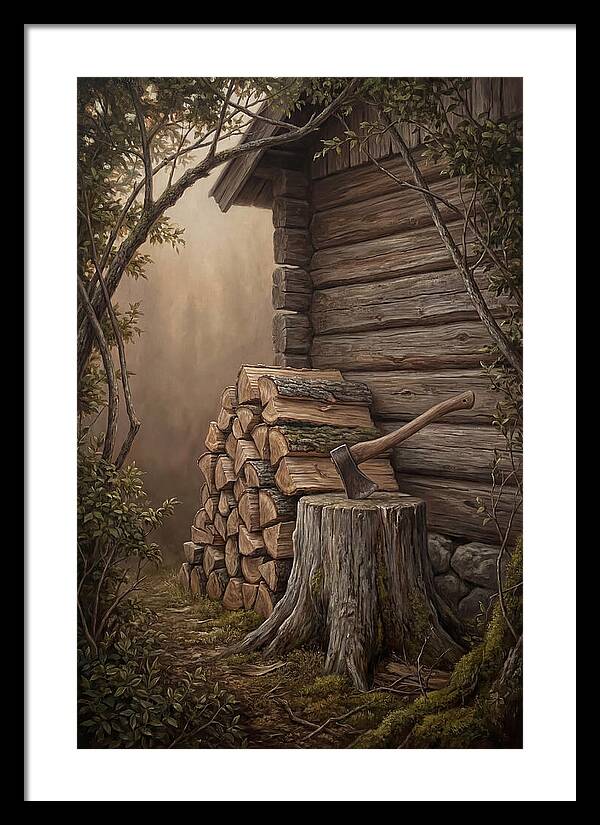 Woodpile With Axe At Cabin Side