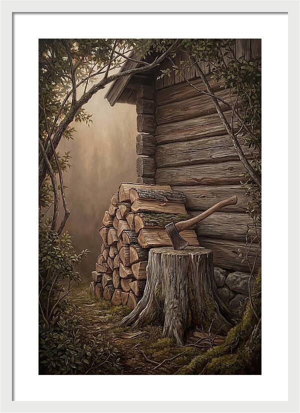 Woodpile With Axe At Cabin Side