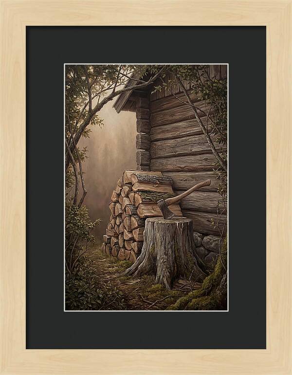 Woodpile With Axe At Cabin Side