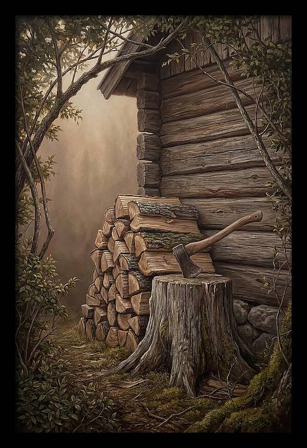 Woodpile With Axe At Cabin Side