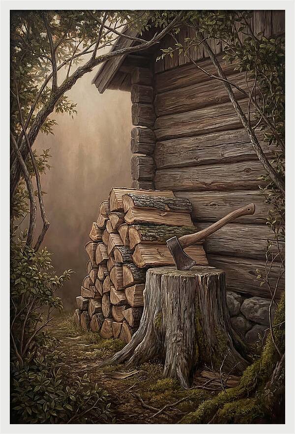 Woodpile With Axe At Cabin Side