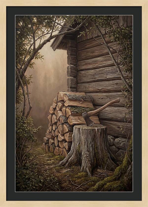 Woodpile With Axe At Cabin Side