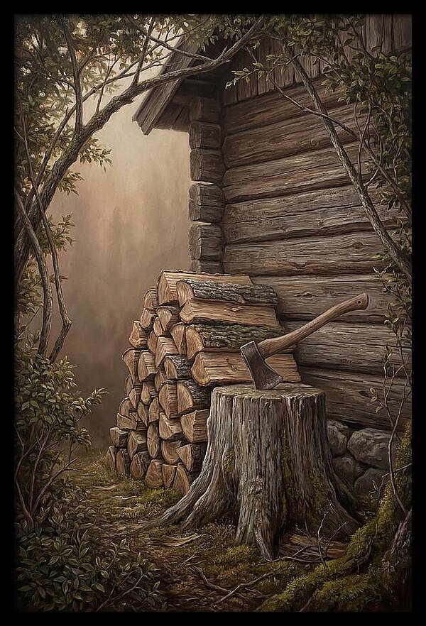 Woodpile With Axe At Cabin Side
