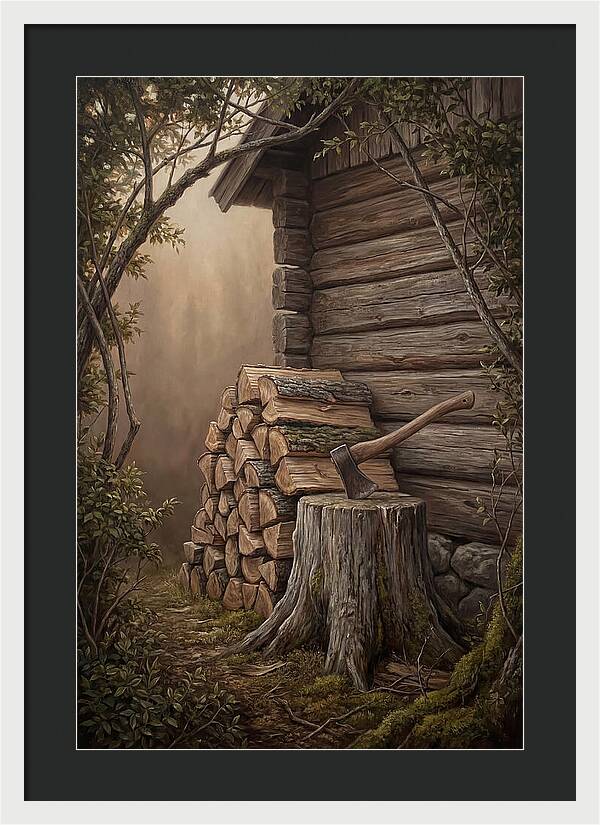 Woodpile With Axe At Cabin Side