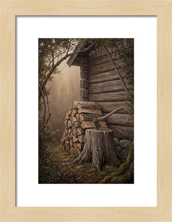 Woodpile With Axe At Cabin Side