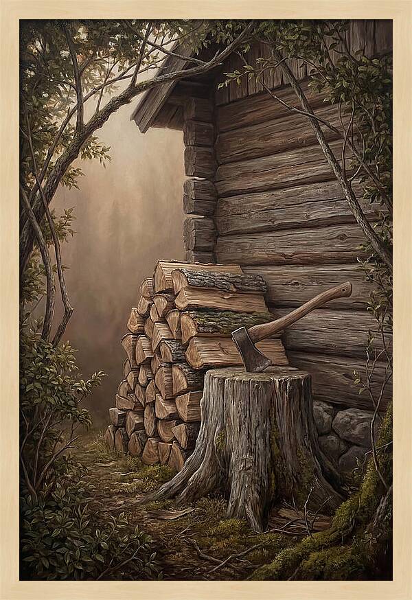 Woodpile With Axe At Cabin Side