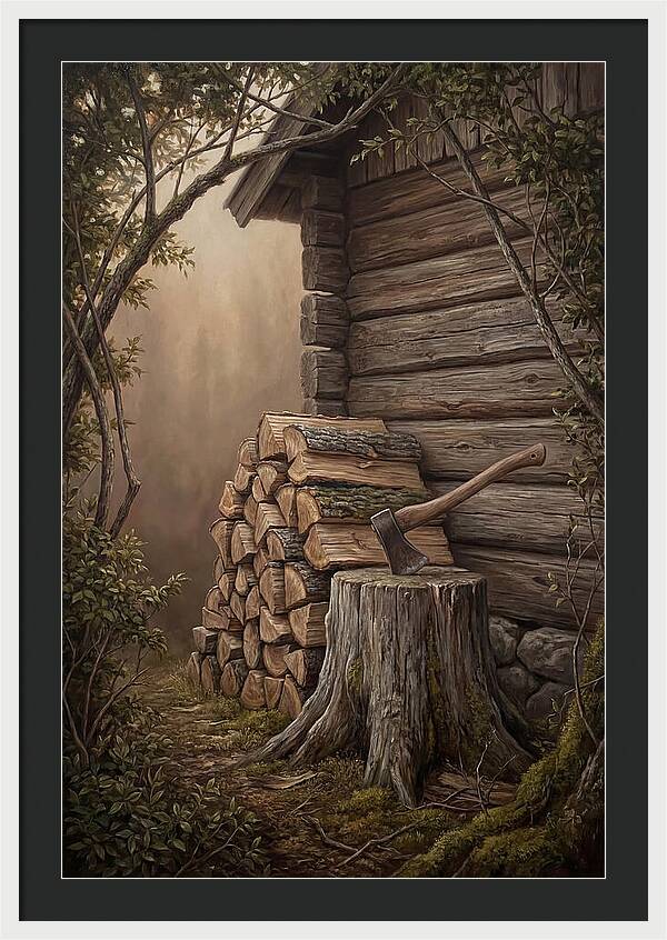 Woodpile With Axe At Cabin Side