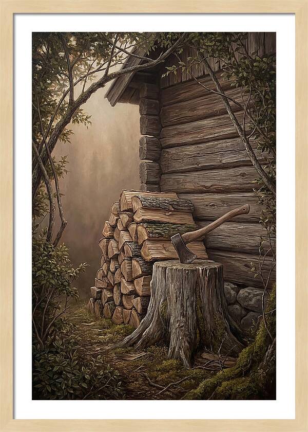 Woodpile With Axe At Cabin Side