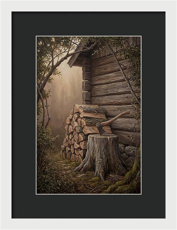 Woodpile With Axe At Cabin Side