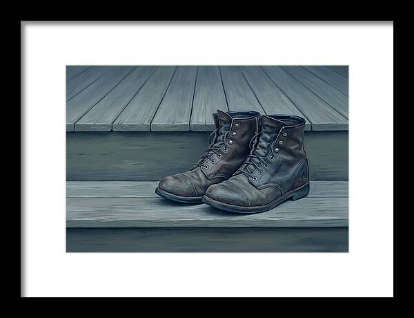 Worn Leather Boots On Porch Steps