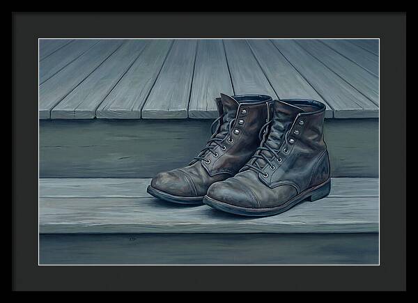 Worn Leather Boots On Porch Steps