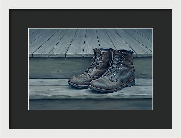 Worn Leather Boots On Porch Steps