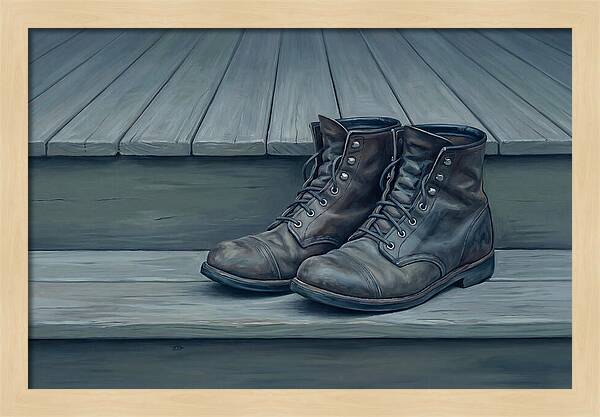 Worn Leather Boots On Porch Steps