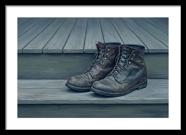 Worn Leather Boots On Porch Steps