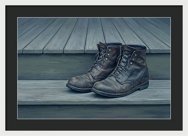Worn Leather Boots On Porch Steps