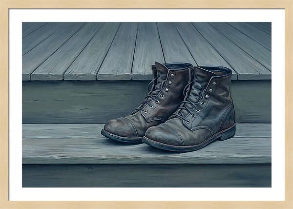Worn Leather Boots On Porch Steps