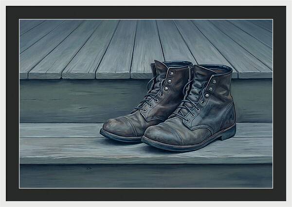 Worn Leather Boots On Porch Steps
