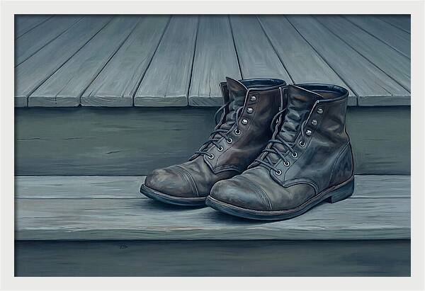 Worn Leather Boots On Porch Steps