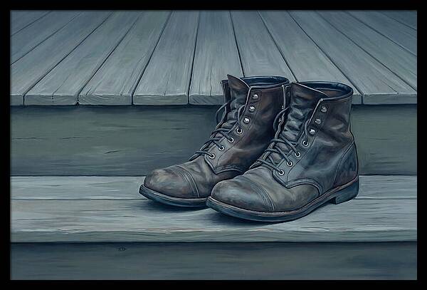 Worn Leather Boots On Porch Steps