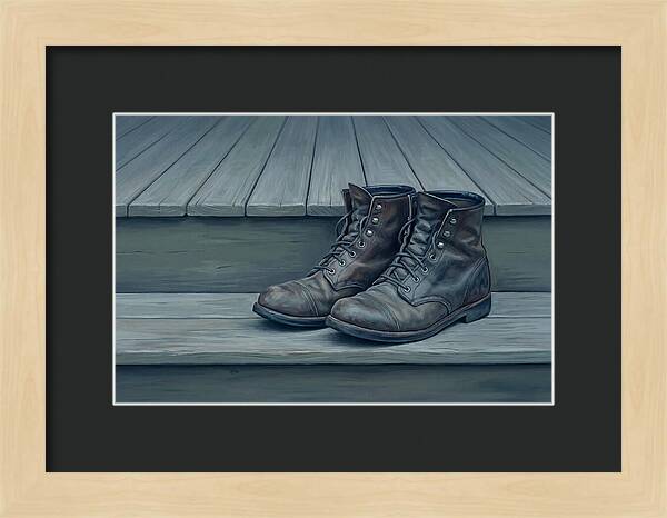 Worn Leather Boots On Porch Steps