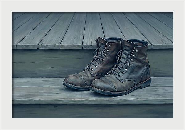 Worn Leather Boots On Porch Steps