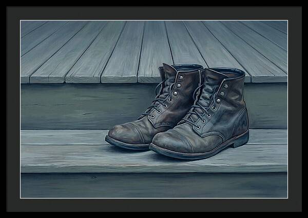 Worn Leather Boots On Porch Steps