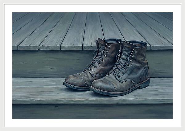 Worn Leather Boots On Porch Steps
