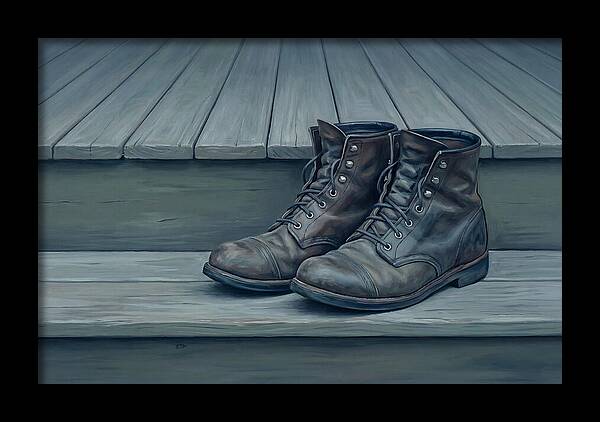 Worn Leather Boots On Porch Steps
