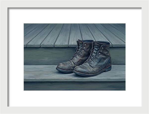 Worn Leather Boots On Porch Steps