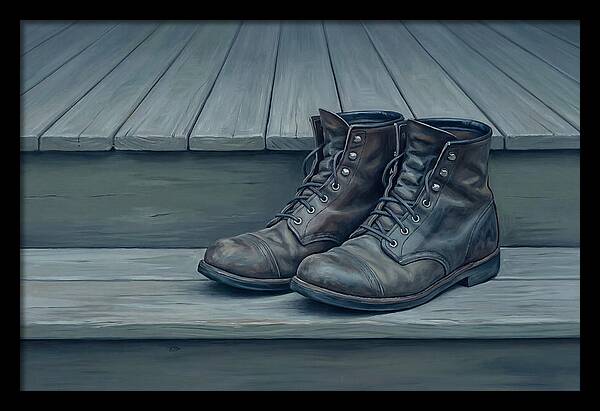 Worn Leather Boots On Porch Steps