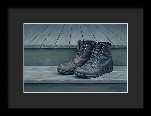 Worn Leather Boots On Porch Steps