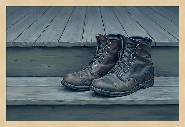 Worn Leather Boots On Porch Steps