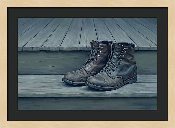 Worn Leather Boots On Porch Steps