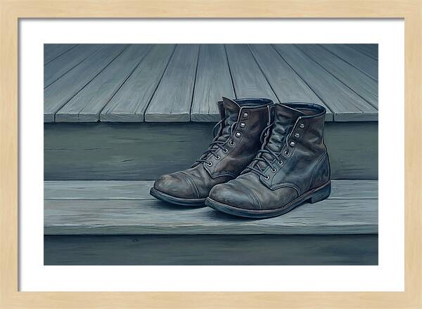 Worn Leather Boots On Porch Steps