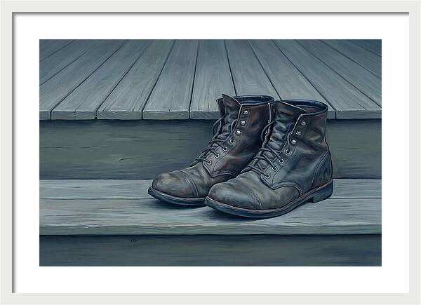 Worn Leather Boots On Porch Steps