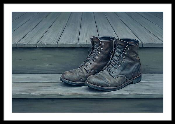 Worn Leather Boots On Porch Steps