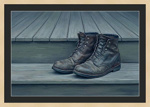 Worn Leather Boots On Porch Steps