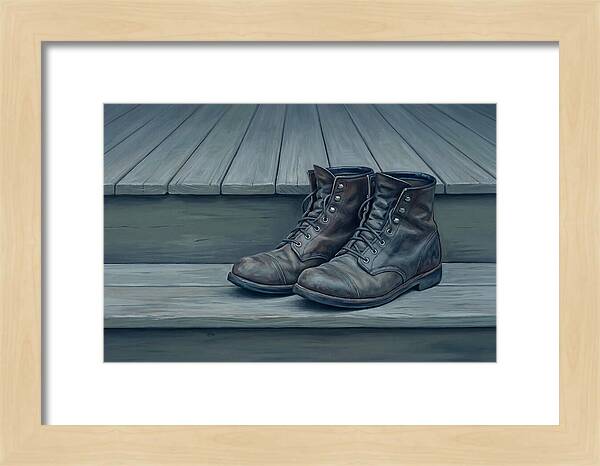 Worn Leather Boots On Porch Steps